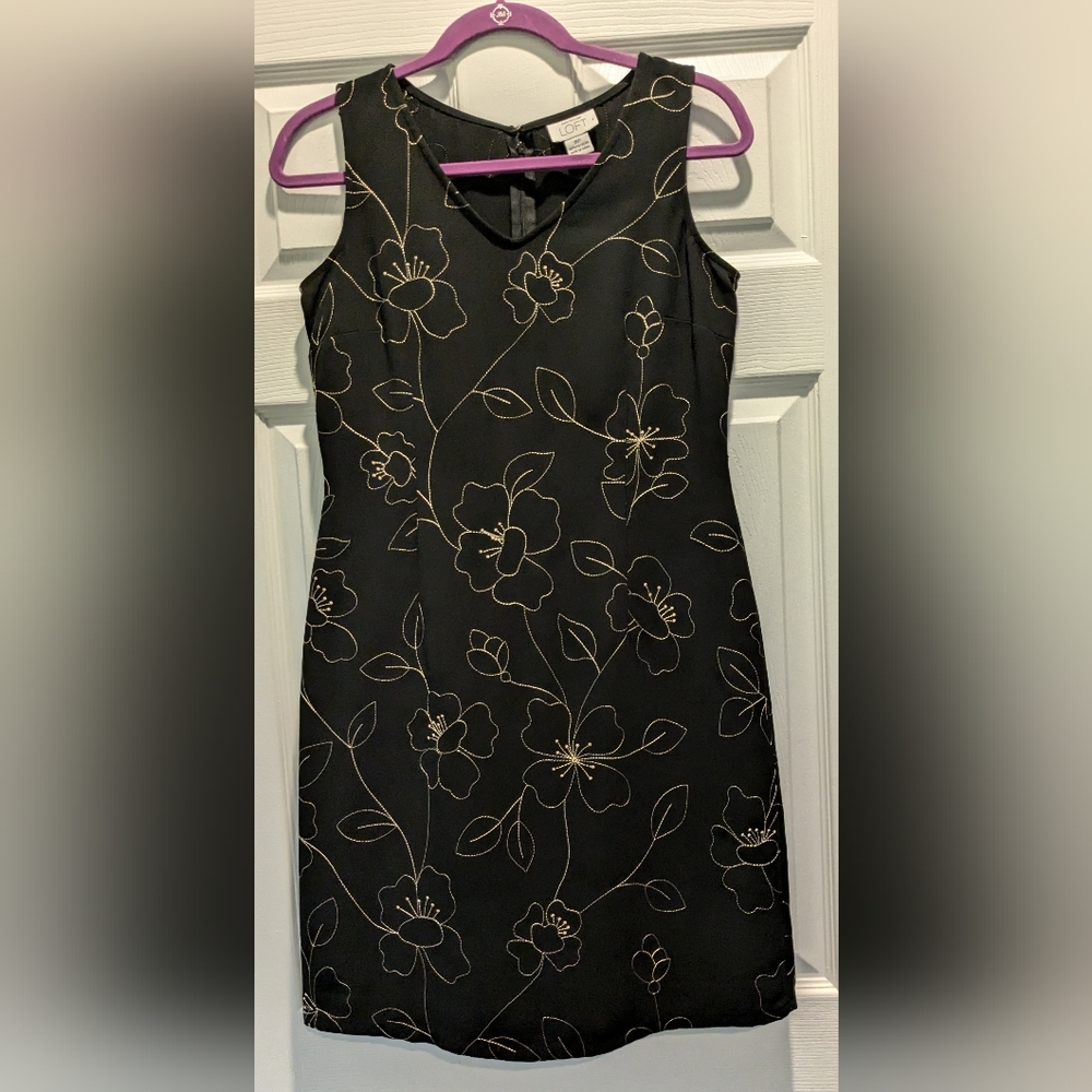 Ann Taylor Loft, Black A-line dress with delicate gold floral details, size 8P